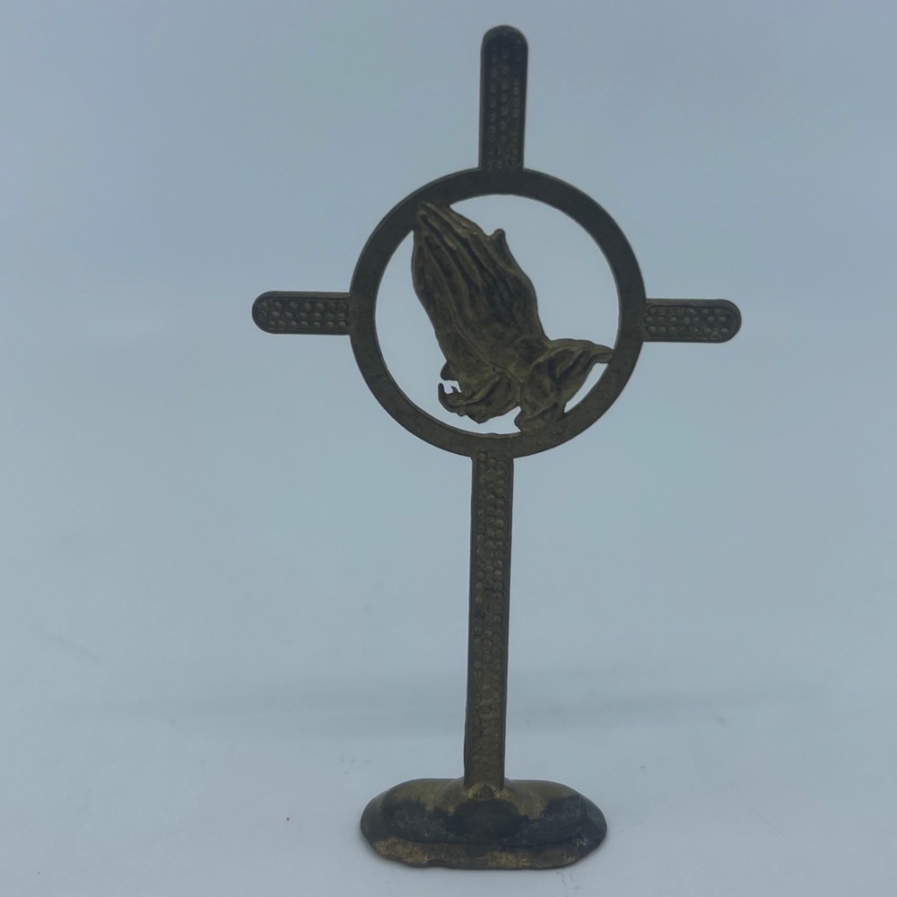 Small Praying Hands Cross Religious Figurine Tabletop Decor Brass Tone 2.75"